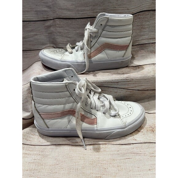 Vans SK8 Classic Hi White Leather Pink Stripe Skate Shoes Womens SZ M 4.5 W 6 - Picture 1 of 5